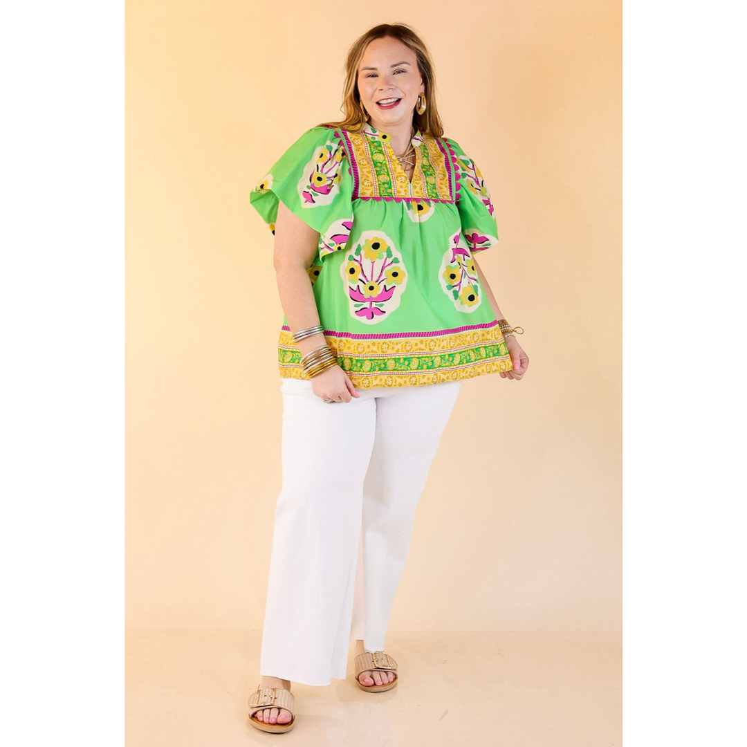 Floral Blush Short Sleeve Floral Shirt With Purple Rickrack in Green