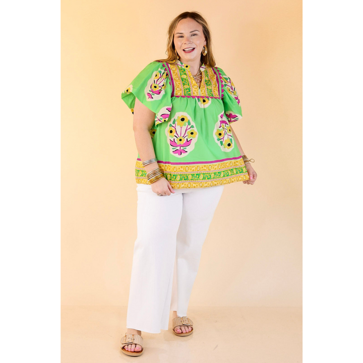 Floral Blush Short Sleeve Floral Shirt With Purple Rickrack in Green