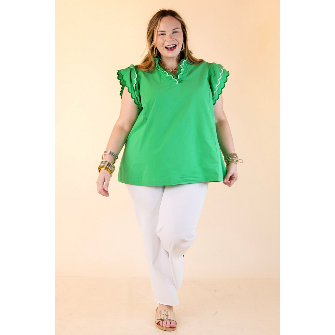 Sweet Pea Ruffle Collared Short Sleeve Shirt in Green