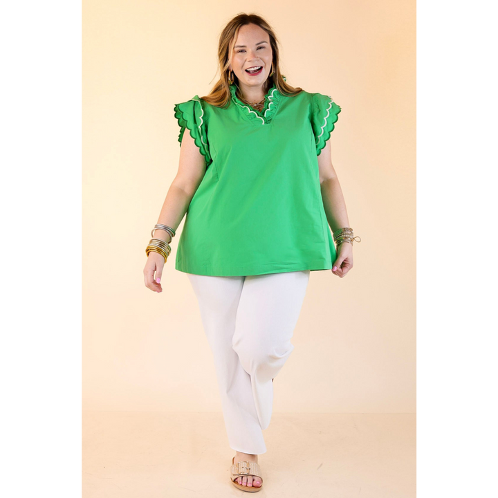 Sweet Pea Ruffle Collared Short Sleeve Shirt in Green
