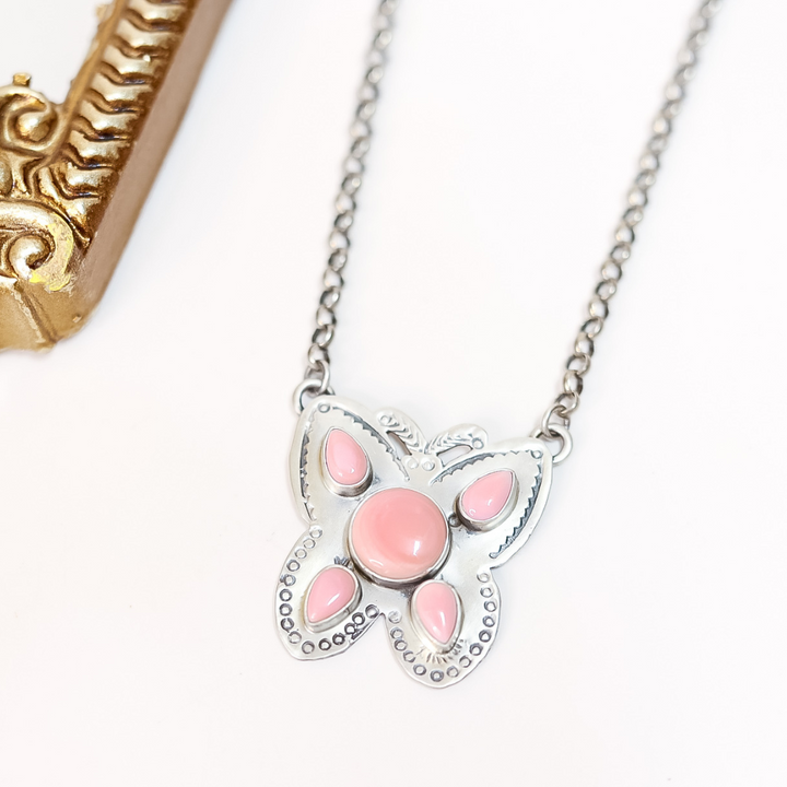 P. Yazzie | Handmade Navajo Sterling Silver Butterfly Necklace with Pink Conch Stones