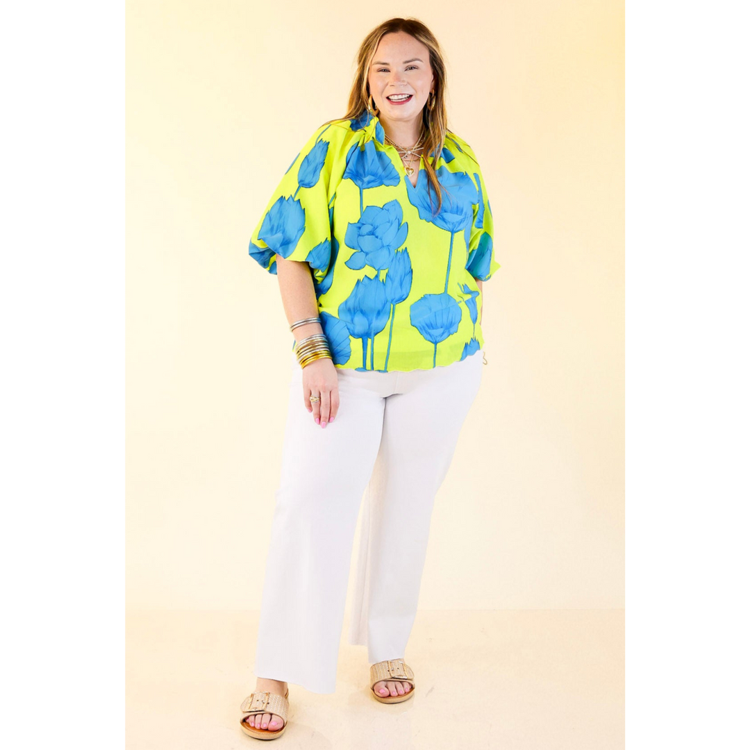 Puff & Petal V-Neck Blue Flower Print with Collar in Lime Green
