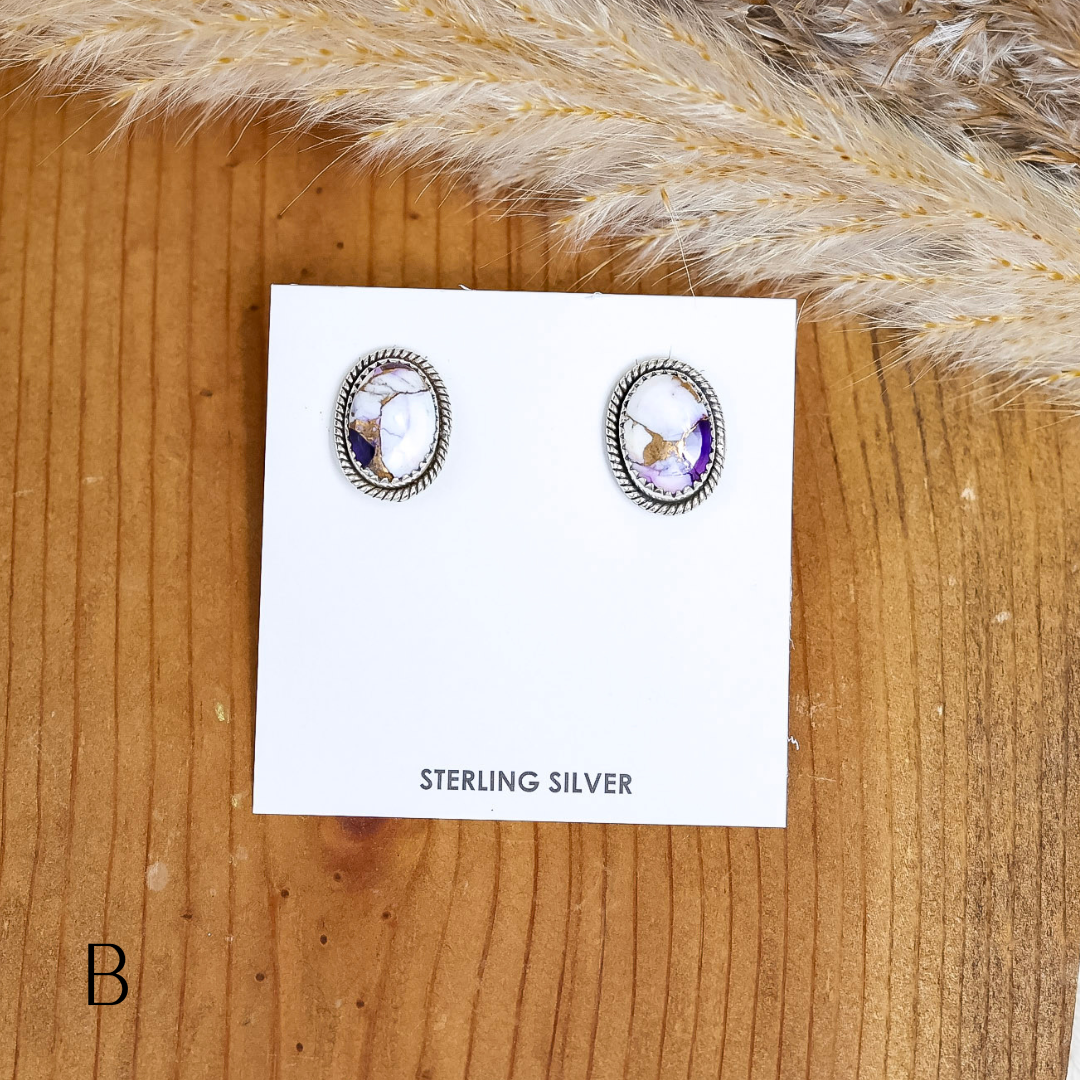 Navajo | Navajo Handmade Sterling Silver Oval Stud Earrings in Purple Mix
