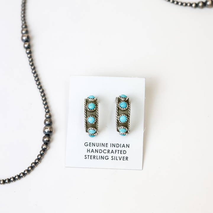 Navajo | Genuine Indian Handcrafted Sterling Silver Small Hoops with Turquoise Stones