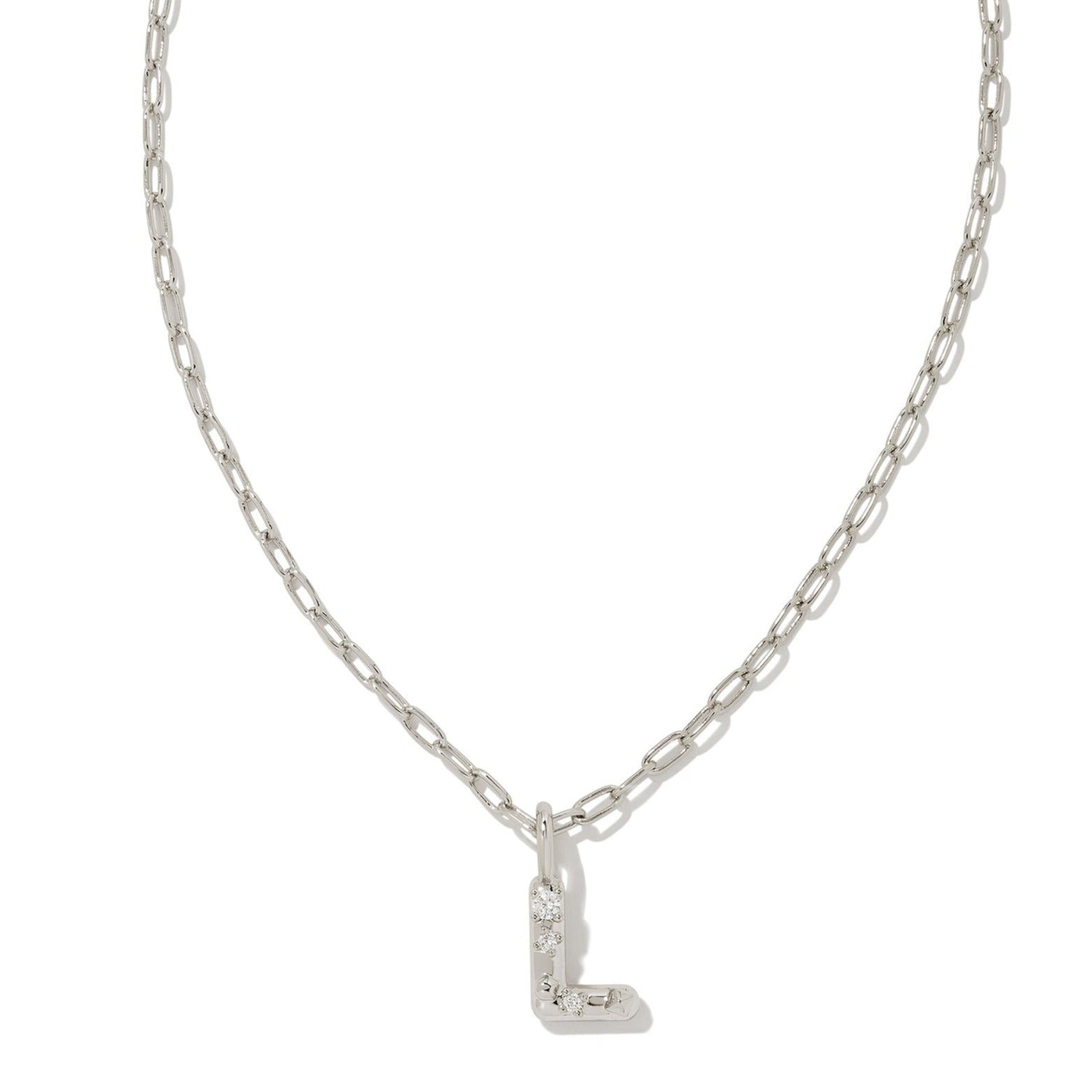 Kendra Scott | Crystal Initial Letter Silver Short Pendant Necklace in White Crystal