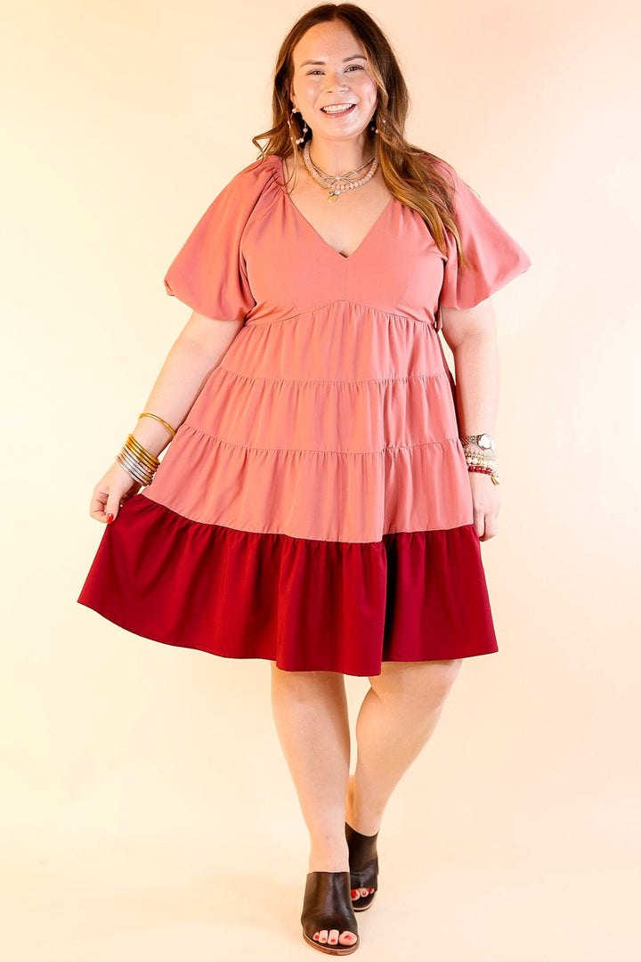 Trendy City Puff Sleeve Tiered Dress with Pink Hemline in Rose Pink