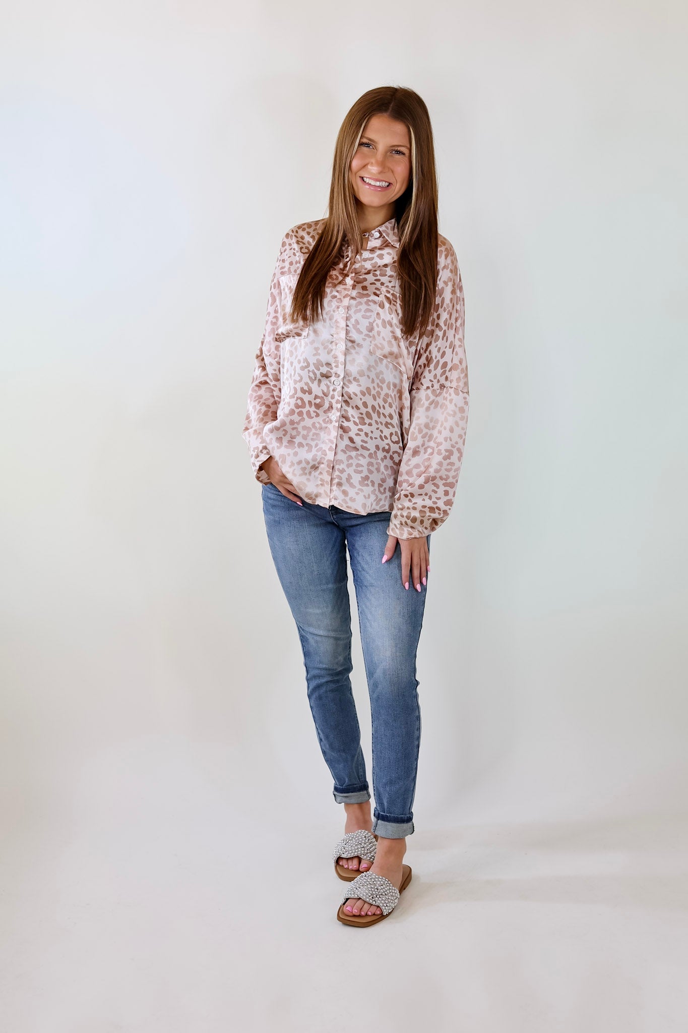 A Perfect Day Leopard Print Button Up Top in Champagne - Giddy Up Glamour Boutique