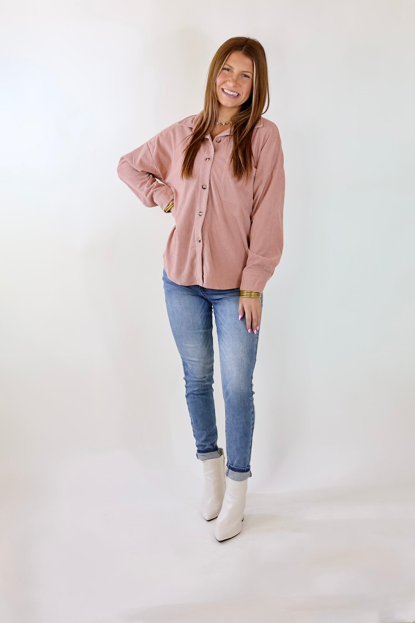 Captivating Cuteness Corduroy Button Up Shacket in Mauve Pink - Giddy Up Glamour Boutique