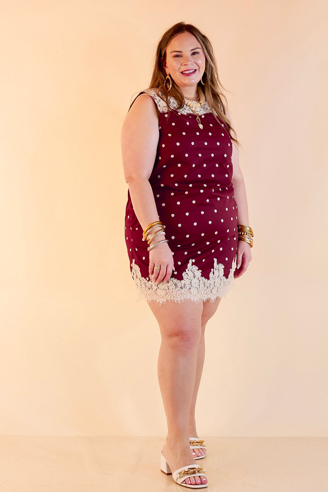 Lovely Little Details Polka Dot Lace Trim Sleeveless Shift Dress in Maroon and Ivory