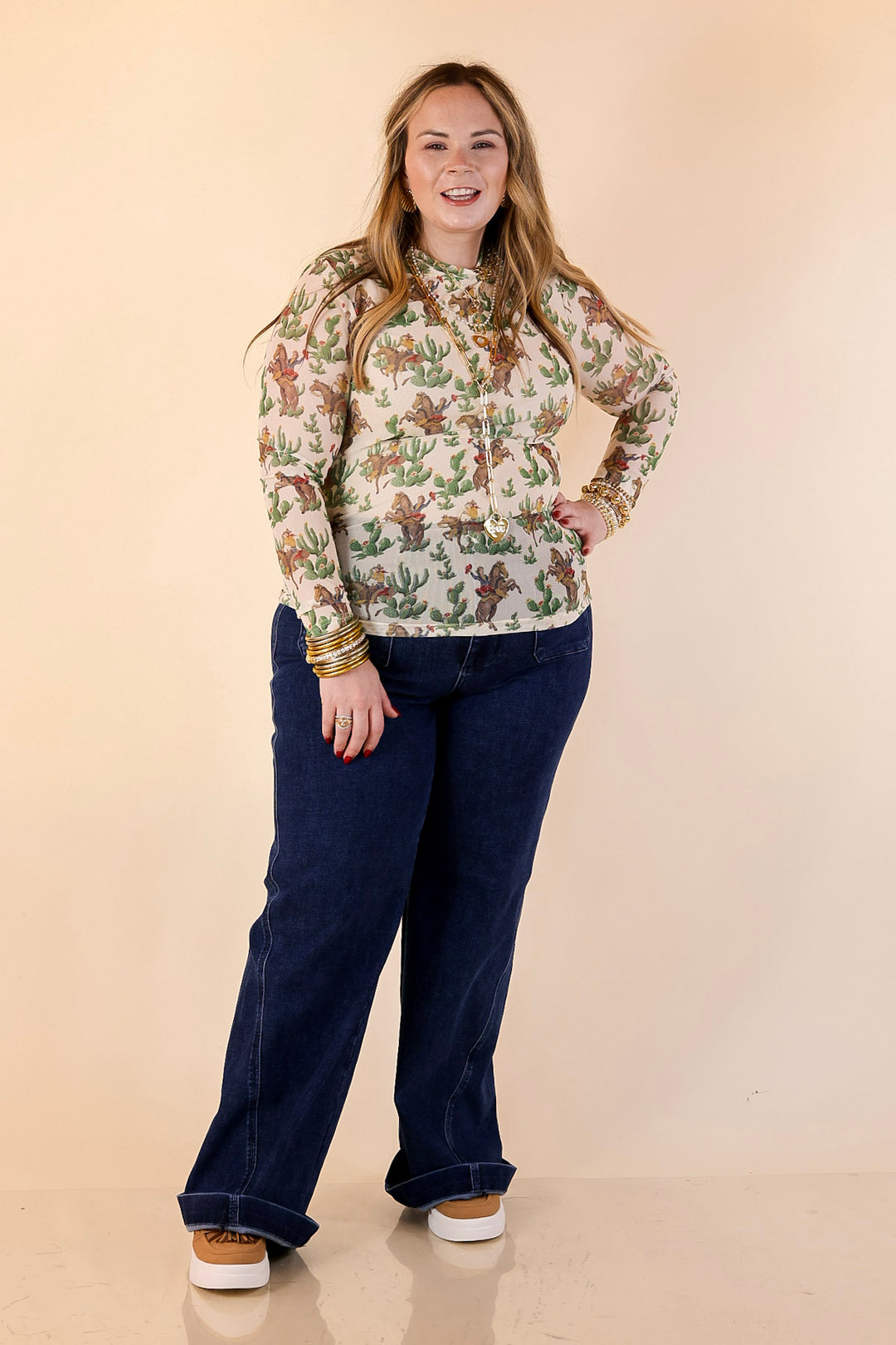 Western Dream Cowboy and Cacti Print Long Sleeve Mesh Top in Ivory