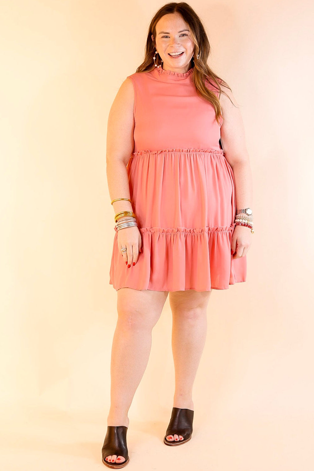 Attempt To Charm High Ruffle Neck Tank Dress in Coral Pink