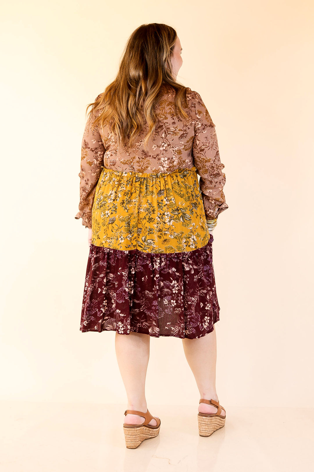 Among the Flowers Floral Ruffle Tier Long Sleeve Dress in Taupe, Mustard, and Burgundy