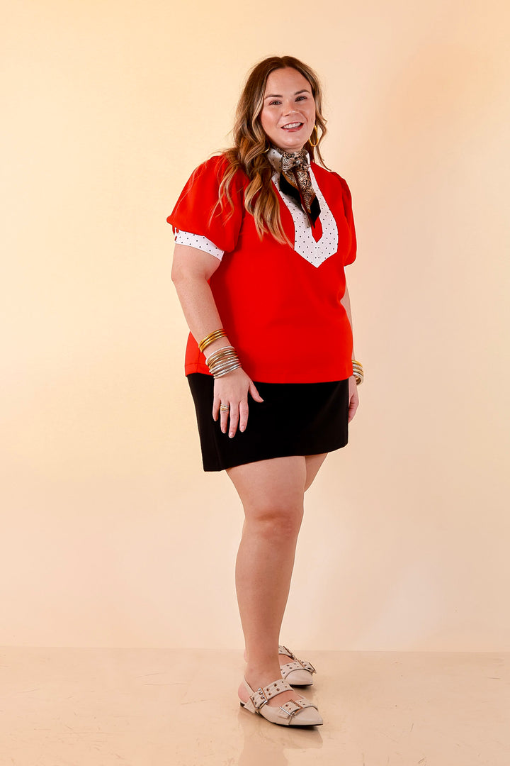 Confidently Yours Contrast Polka Dot Trim Puff Sleeve Top in Red