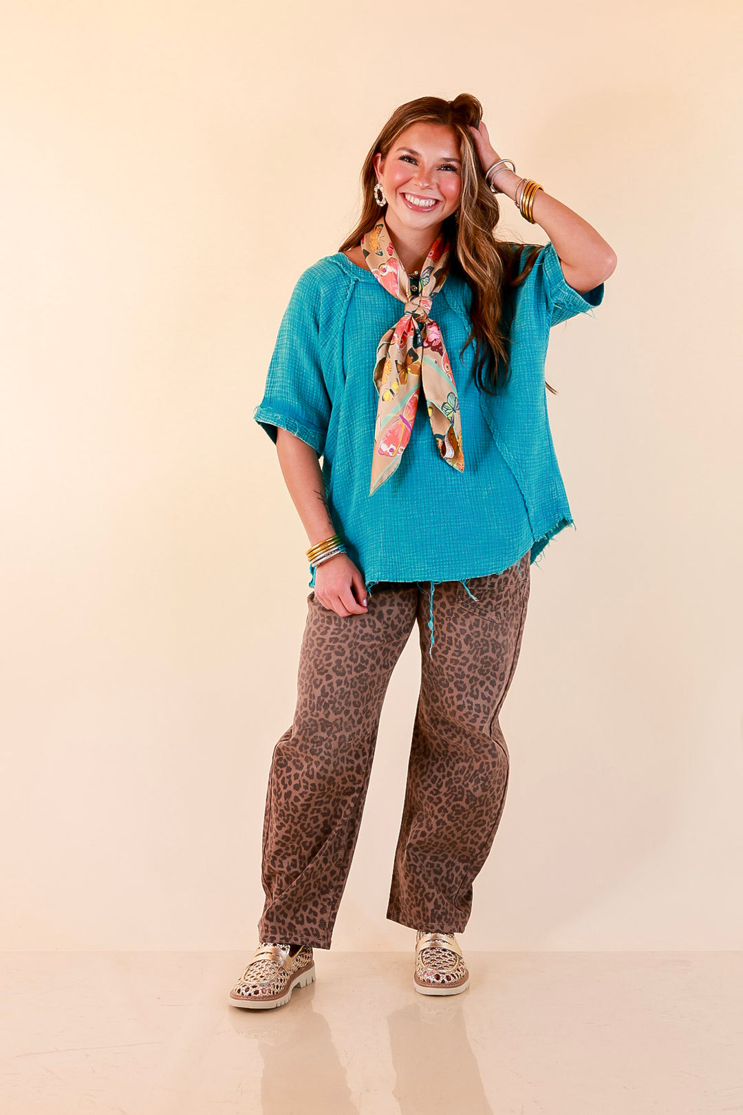 Everyday Ease Short Sleeve Linen Top with Raw Hem Edges in Turquoise Blue