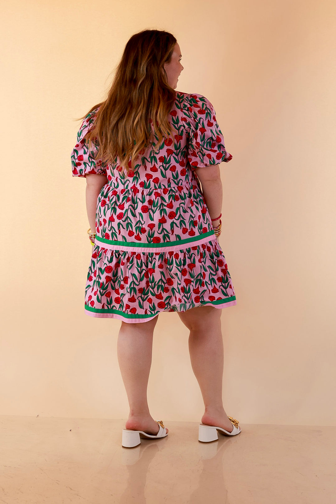 Mud Pie | Blooming Delight Floral Print Mini Dress with Puff Sleeves, Contrast Trim, and Tiered Skirt in Pink and Green