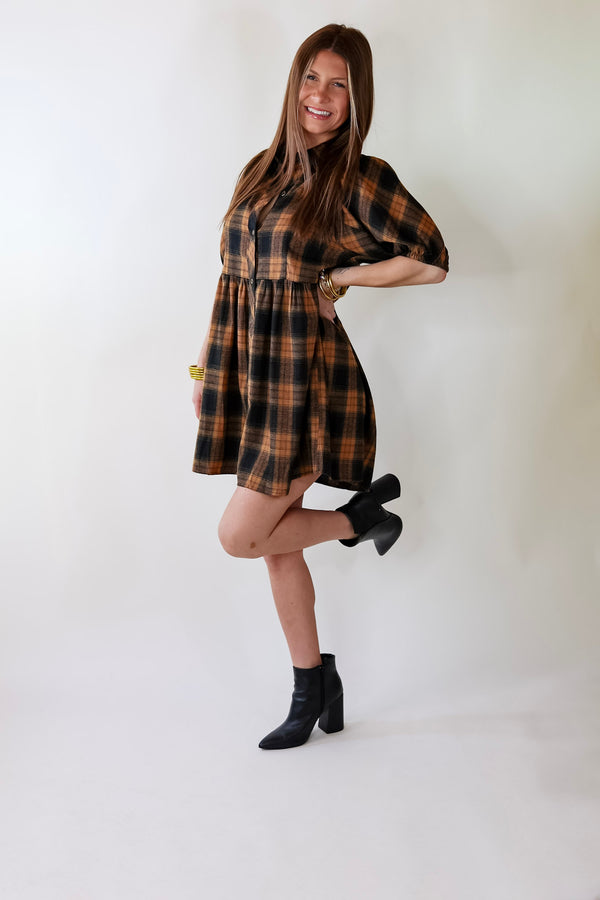 Adventures Ahead Plaid Button Up Babydoll Dress in Camel Brown