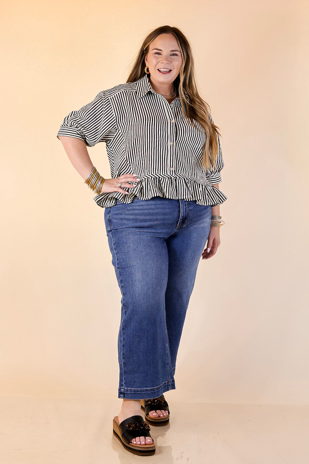Style Agenda Striped Button Down Collared Top with Ruffle Peplum in Black
