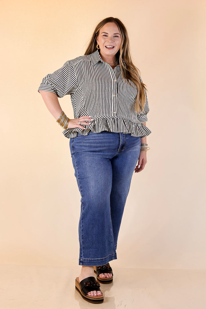 Style Agenda Striped Button Down Collared Top with Ruffle Peplum in Black