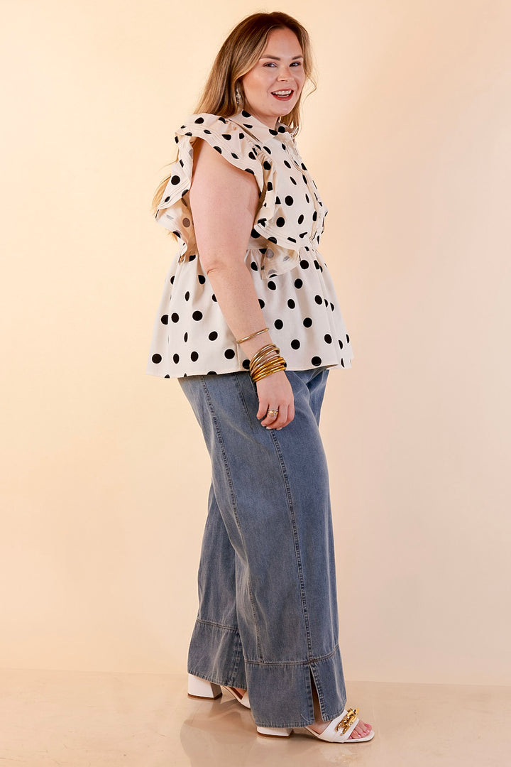 Spot on Style Ruffle Cap Sleeve Button Front Peplum Top with Black Polka Dot Print in Cream