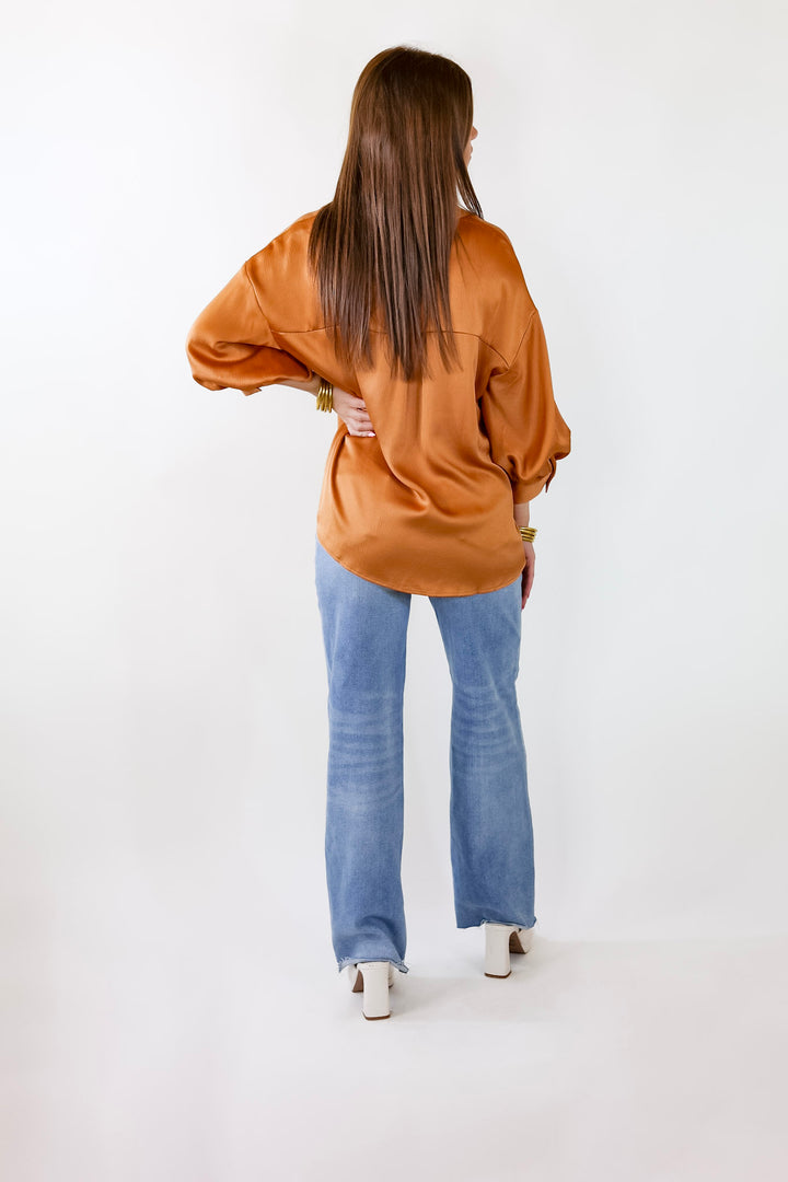 Sweet Notion Button Up 3/4 Balloon Sleeve Top in Pumpkin Orange - Giddy Up Glamour Boutique
