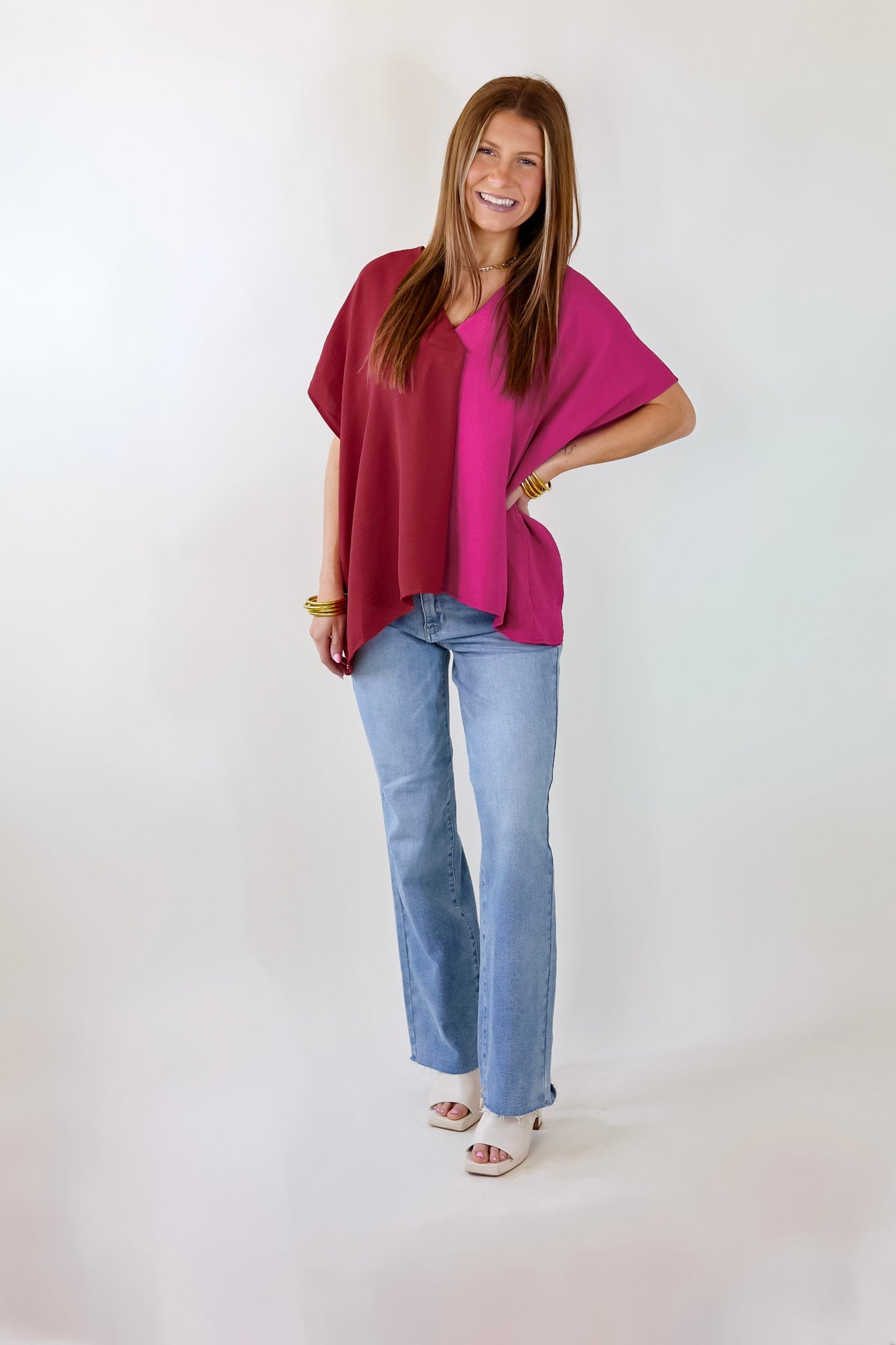 Weekend Out V Neck Placket Color Block Short Sleeve Top in Maroon and Pink - Giddy Up Glamour Boutique