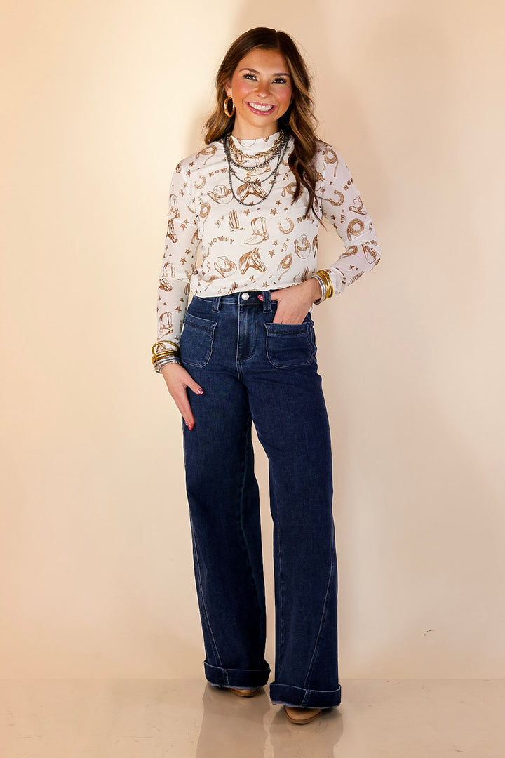 Western Dream Brown Western Icon Print Mesh Long Sleeve Top in Ivory