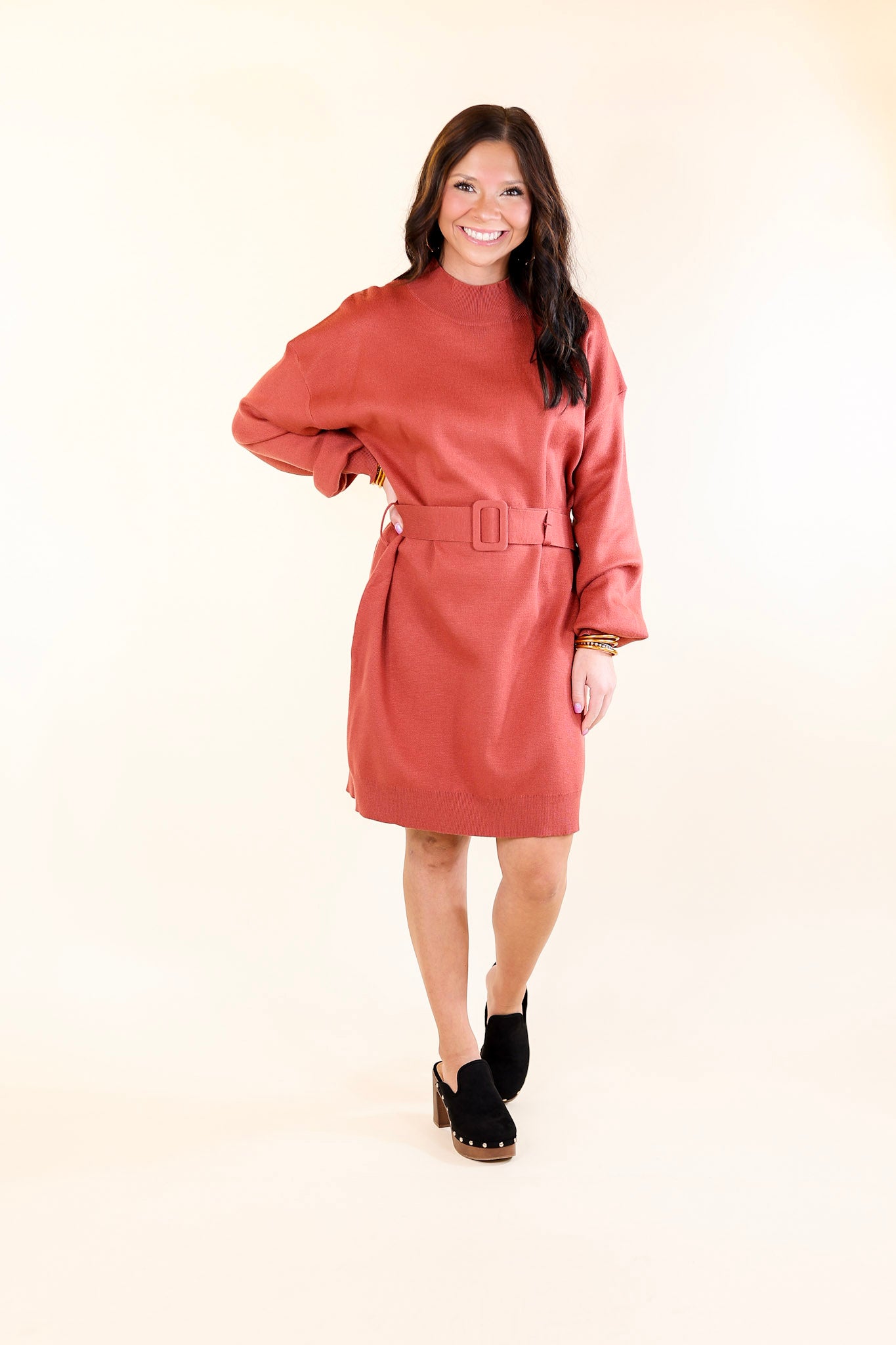 Luxurious Life Sweater Dress with Belt in Rust Red