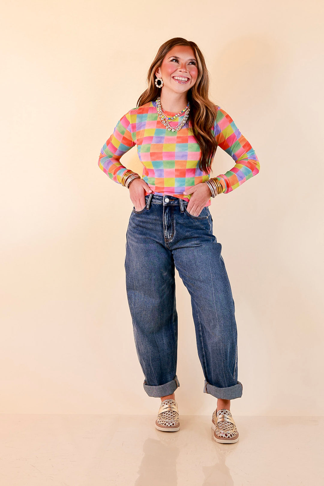 The Essential Layer Watercolor Checkered Print Sheer Mesh Long Sleeve Top in Multicolor