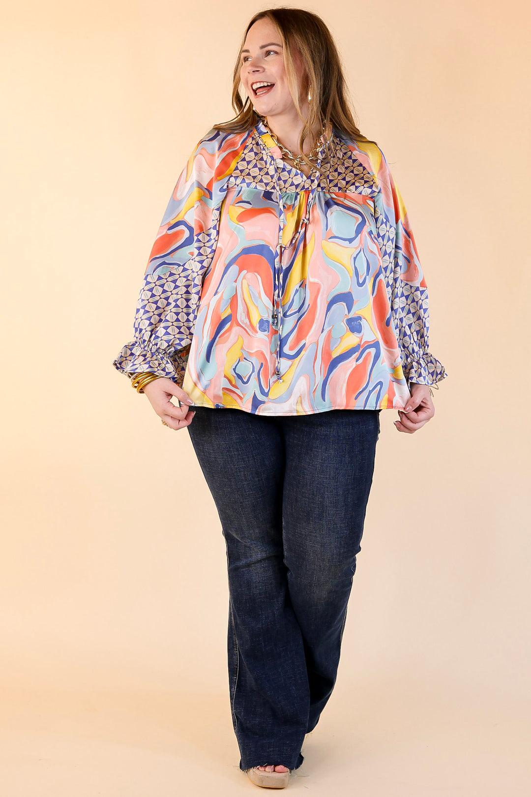 Keen On You Mix Print Blouse with Keyhole and Tie Neckline in Blue Mix