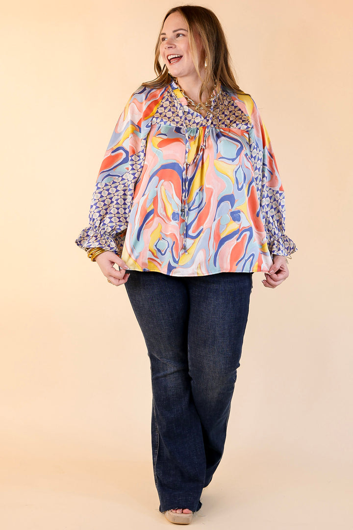 Keen On You Mix Print Blouse with Keyhole and Tie Neckline in Blue Mix