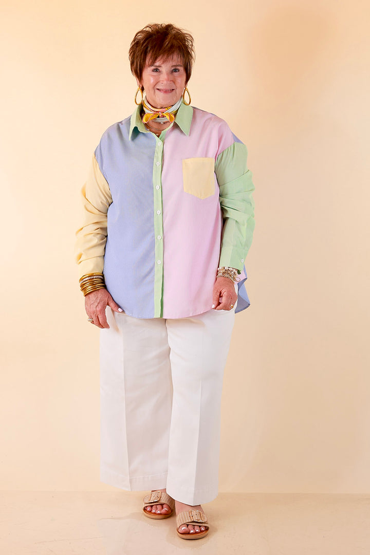 GUG Original | Sweet Harmony Long Sleeve Button Down Color Block Pinstripe Shirt in Bright Mix