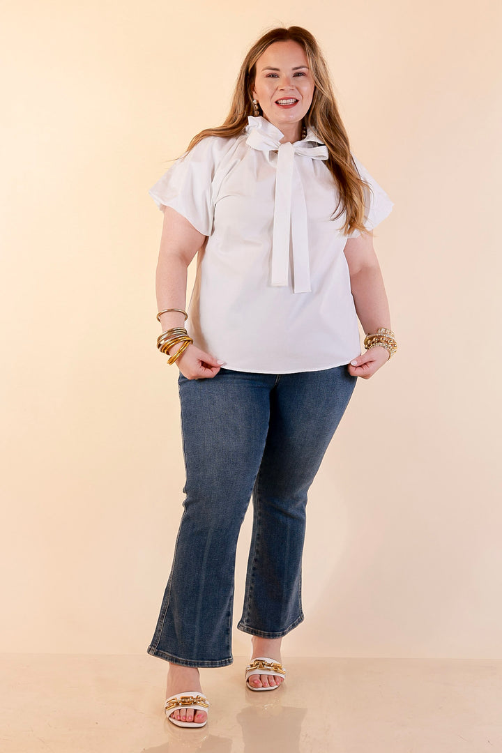 Make It Memorable Short Puff Sleeve Tie Neck Blouse with Gathered Neckline in White
