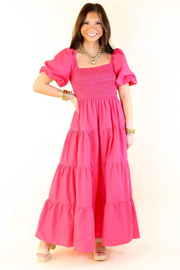 Santorini Sunshine Short Balloon Sleeve Maxi Dress in Fuchsia Pink
