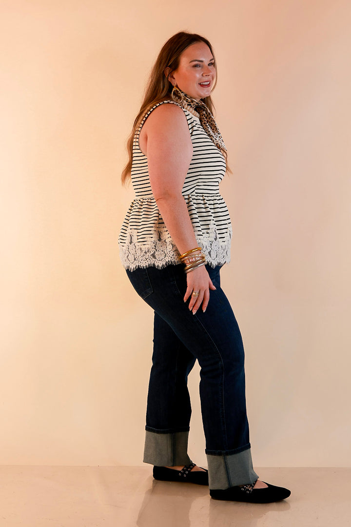 Sweet on Style Striped Peplum Sleeveless Tank Top with Lace Trim Detailing in Ivory and Black