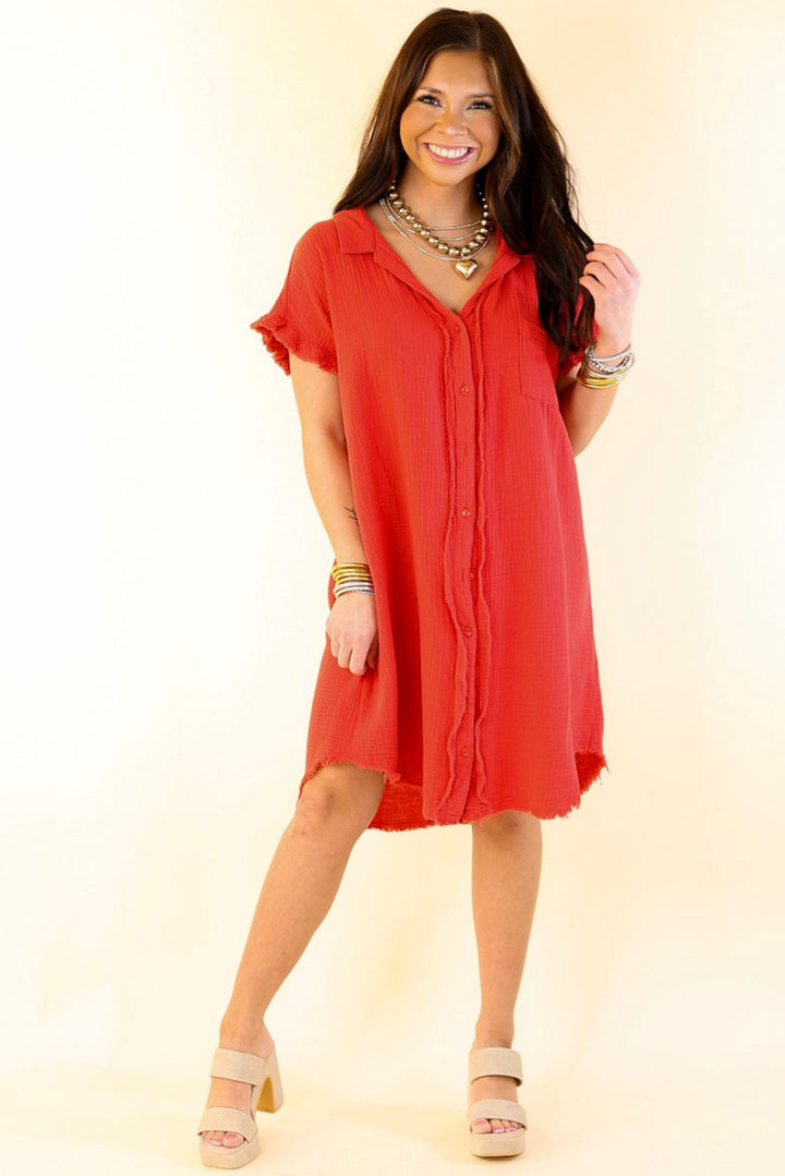 Spring Glow Button Up Raw Hem Dress in Red