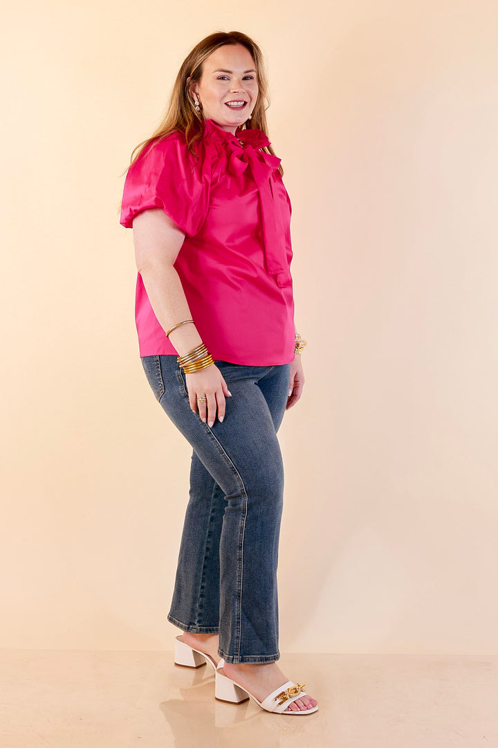 Make It Memorable Short Puff Sleeve Tie Neck Blouse with Gathered Neckline in Fuchsia Pink