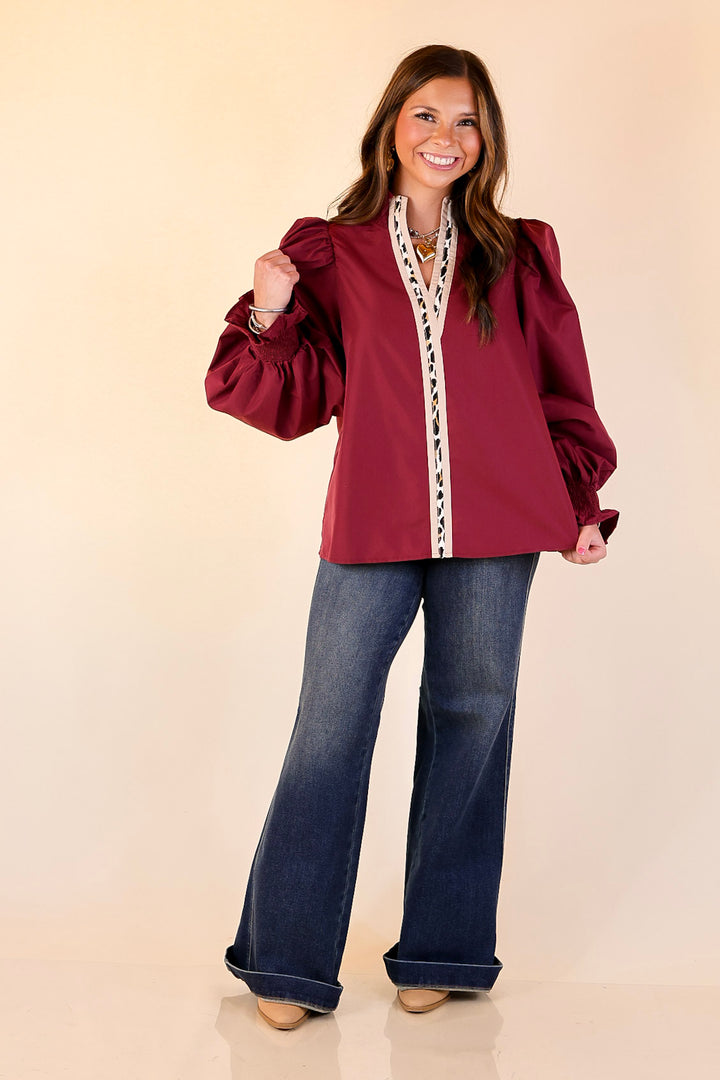 Trimmed in Style Puff Long Sleeve Blouse with Contrast Leopard Trim and Ruffle in Maroon