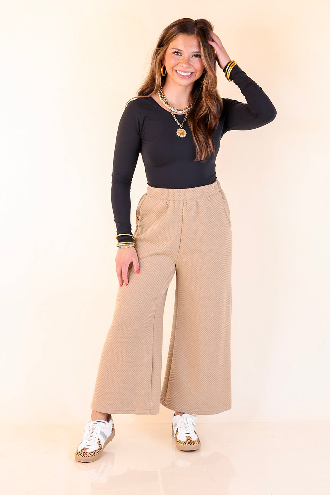 Glamour on the Go Textured Wide Leg Pant in Tan