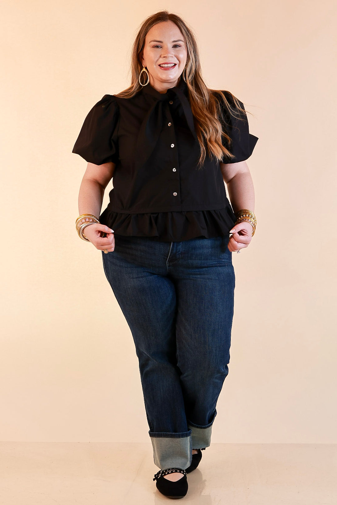 Present Company Solid Button Down Peplum Bubble Sleeve Tie Collar Top in Black