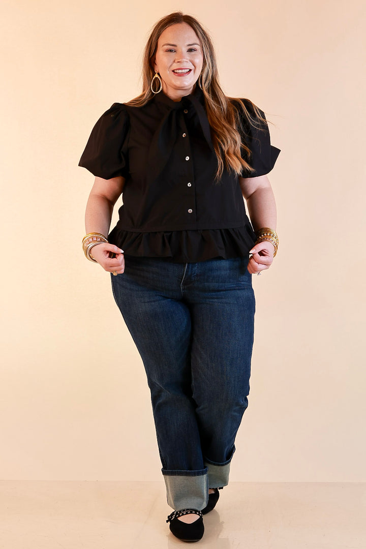Present Company Solid Button Down Peplum Bubble Sleeve Tie Collar Top in Black