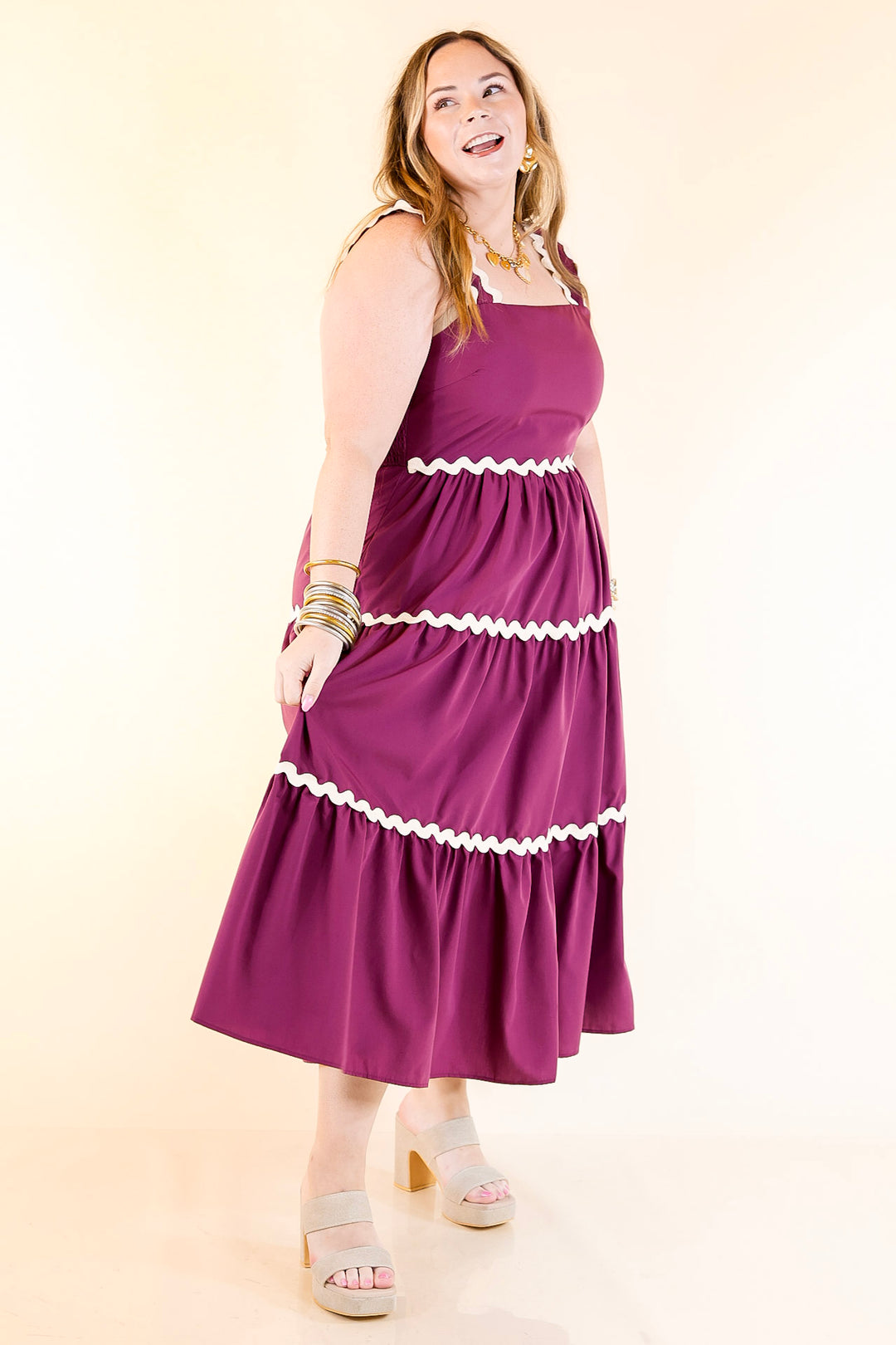 Timeless Twirl Midi Dress with Rickrack Detailing in Plum Maroon