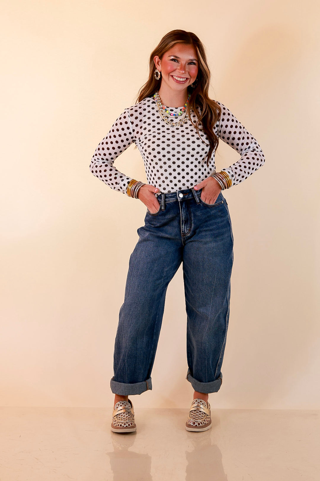 The Essential Layer Black Polka Dot Print Sheer Mesh Long Sleeve Top in White