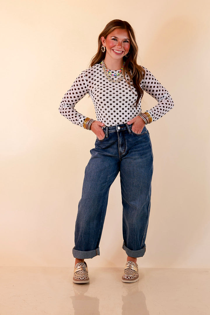 The Essential Layer Black Polka Dot Print Sheer Mesh Long Sleeve Top in White