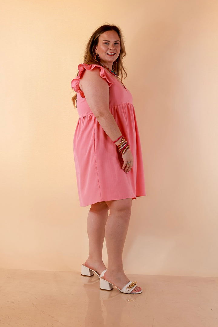 Capture Your Attention V Neck Dress with Ruffle Cap Sleeves in Bubblegum Pink