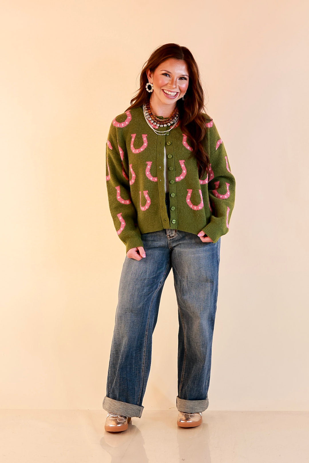 Lucky in Love Horseshoe Print Button Front Cardigan Sweater in Olive Green and Pink