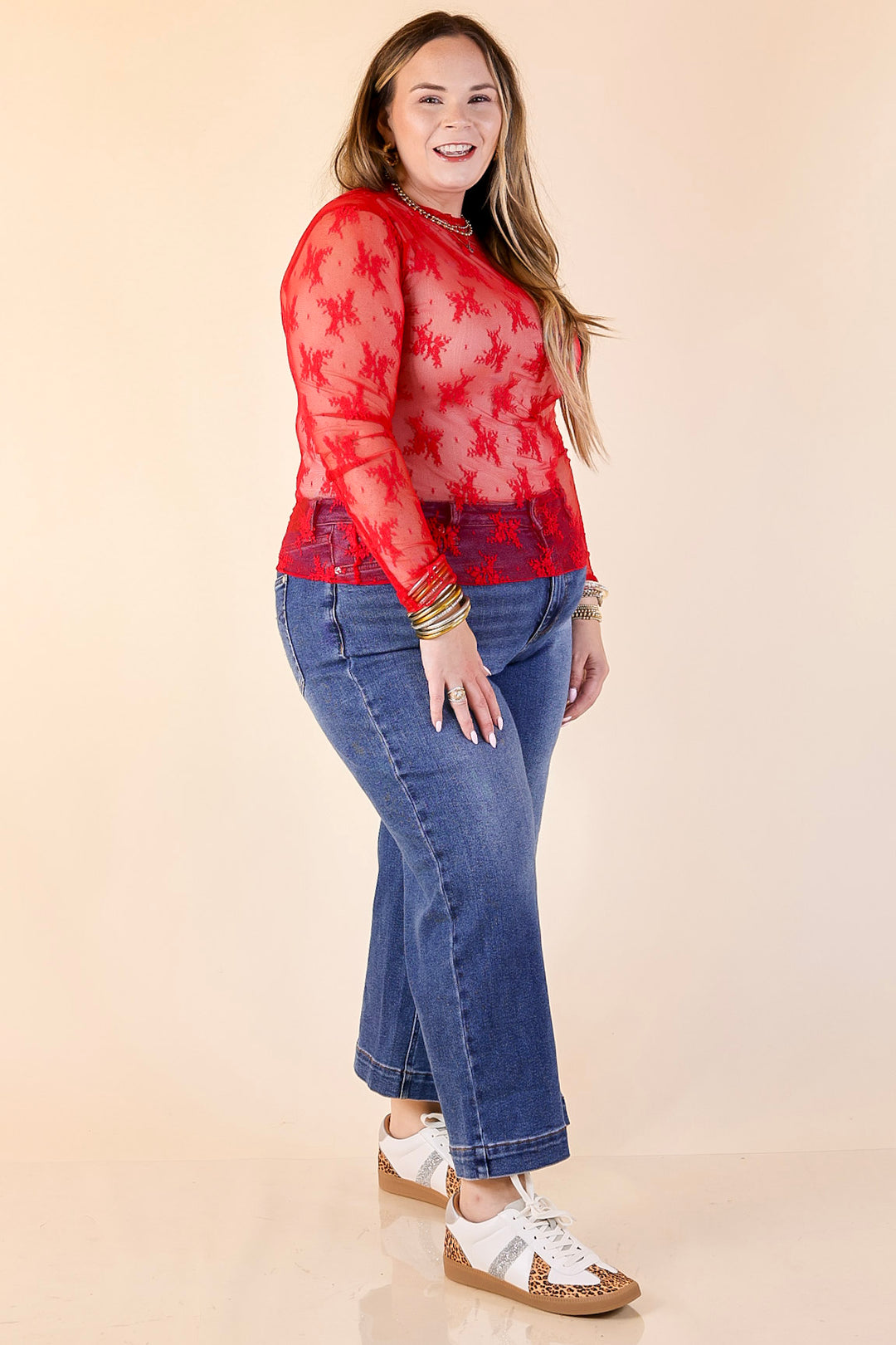 Daringly Delicate Sheer Mock Neck Long Sleeve Lace Top in Red