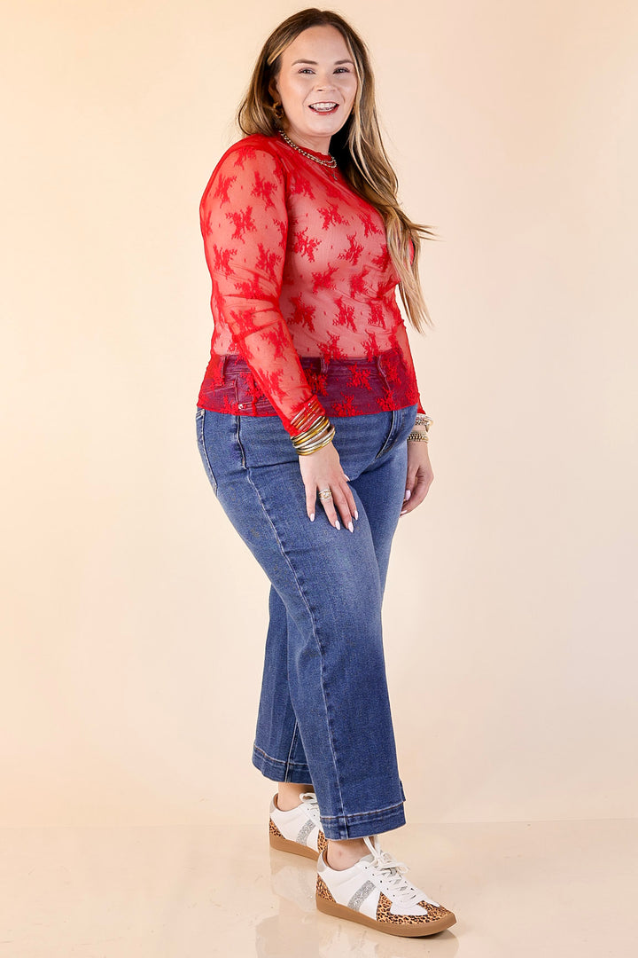 Daringly Delicate Sheer Mock Neck Long Sleeve Lace Top in Red