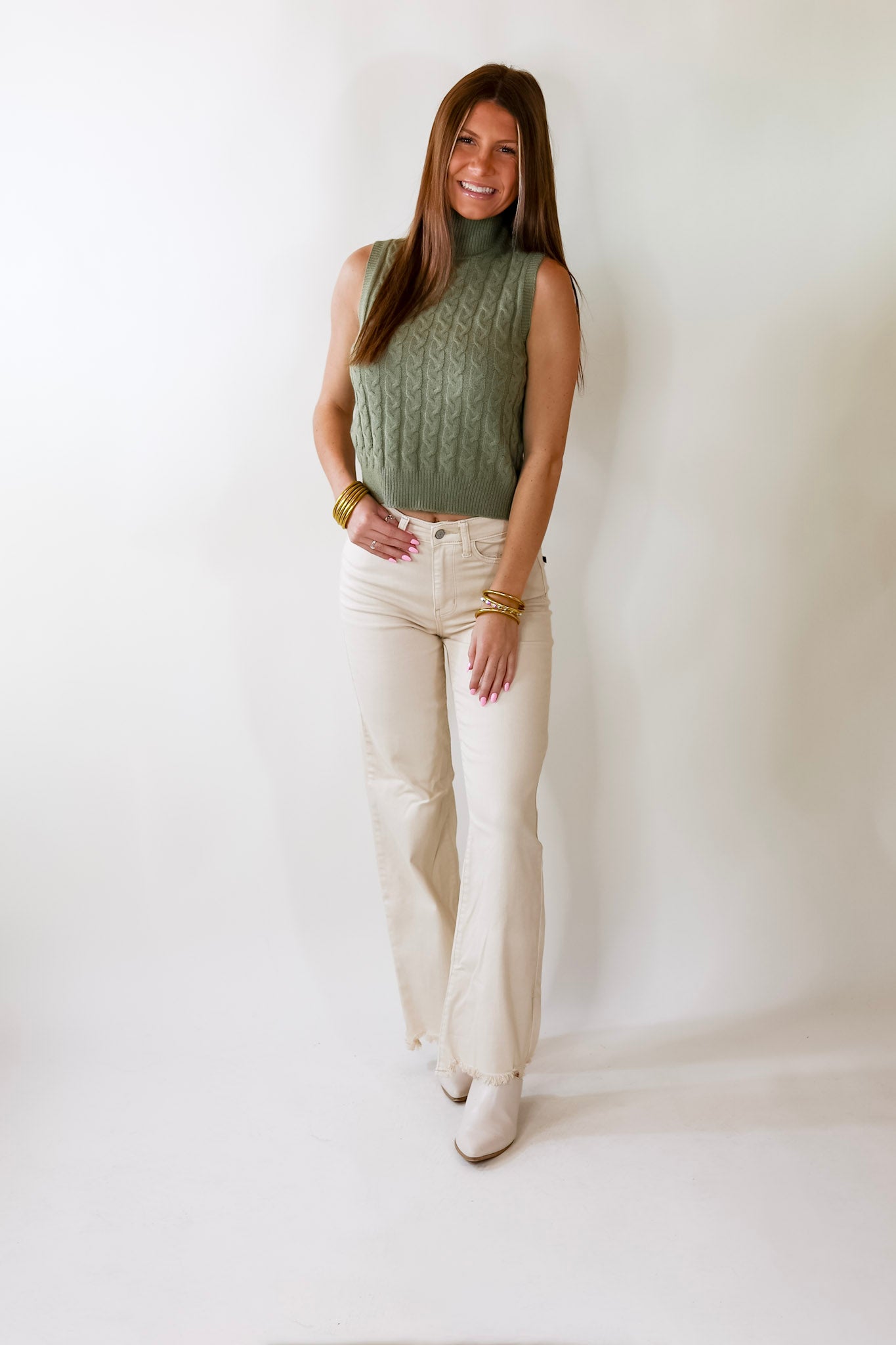 Cider Sips Cropped Sweater Tank Top with High Neck in Sage Green - Giddy Up Glamour Boutique