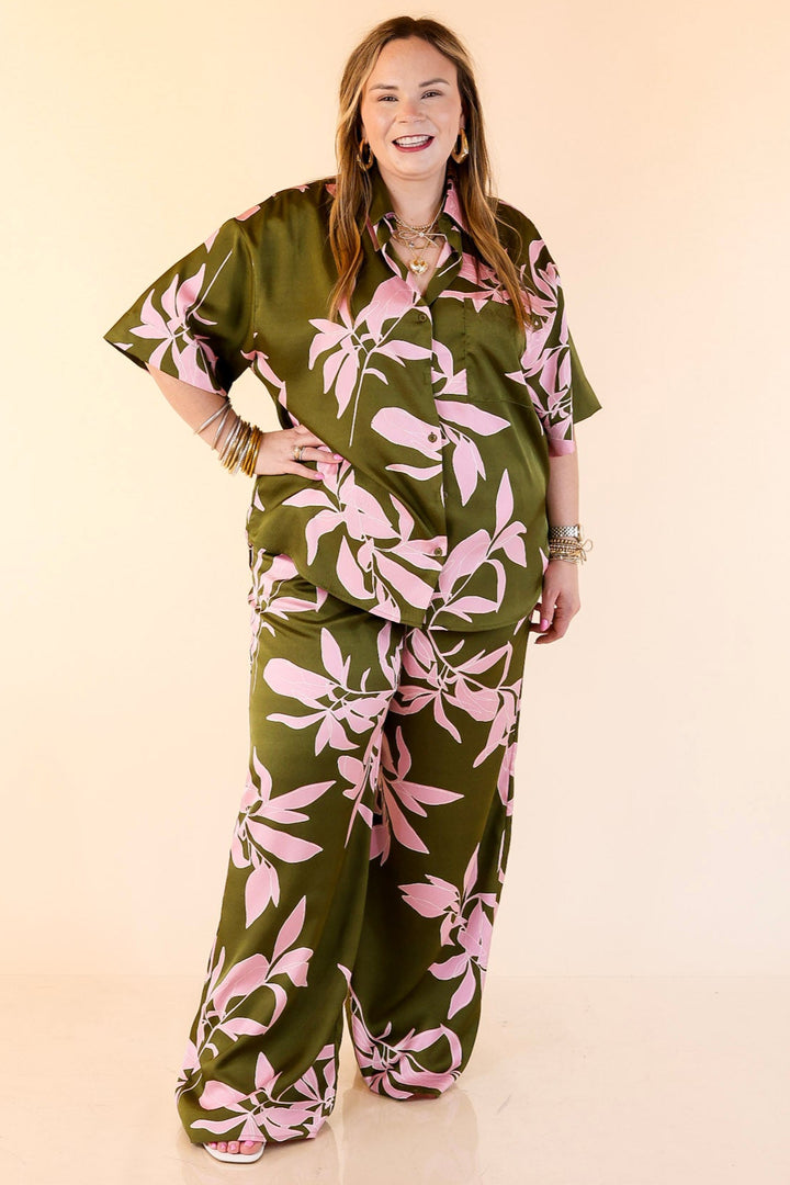 Calm and Collected Button Up Top with Pink Leaves in Olive Green