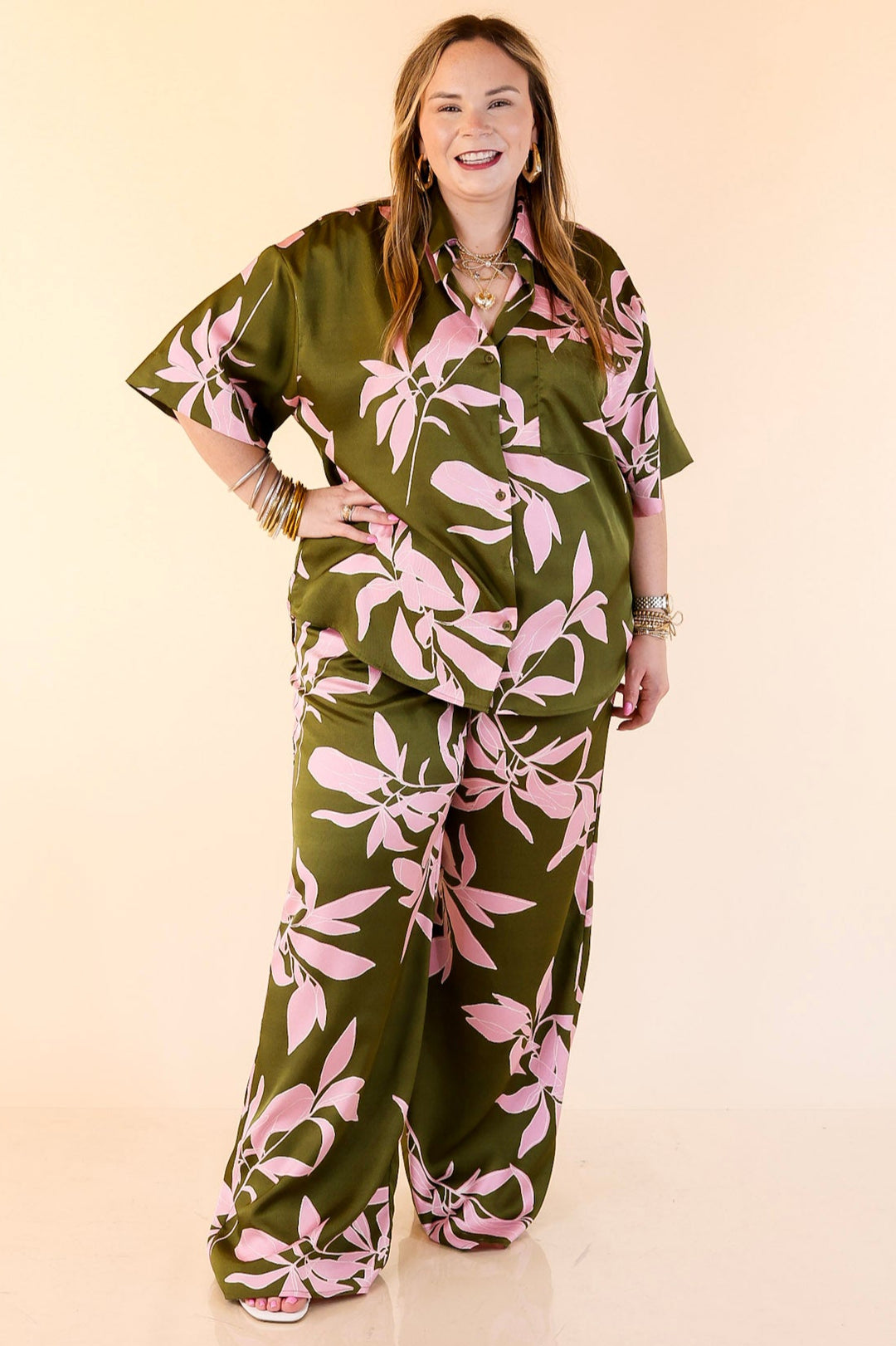 Calm and Collected Drawstring Bottoms with Pink Leaves in Olive Green